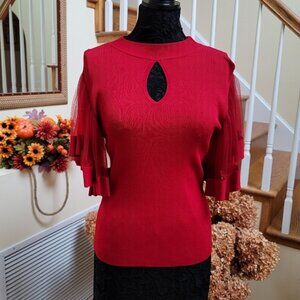 New York & Company 7th Avenue red blouse w/ keyhole and flared sleeves